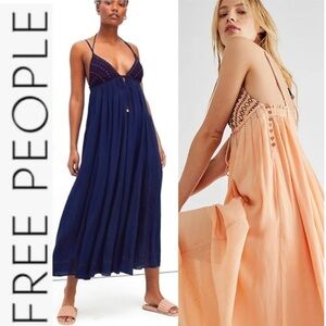 NWT Free People "June Bug" Embroidered Halter Maxi Dress in navy xs